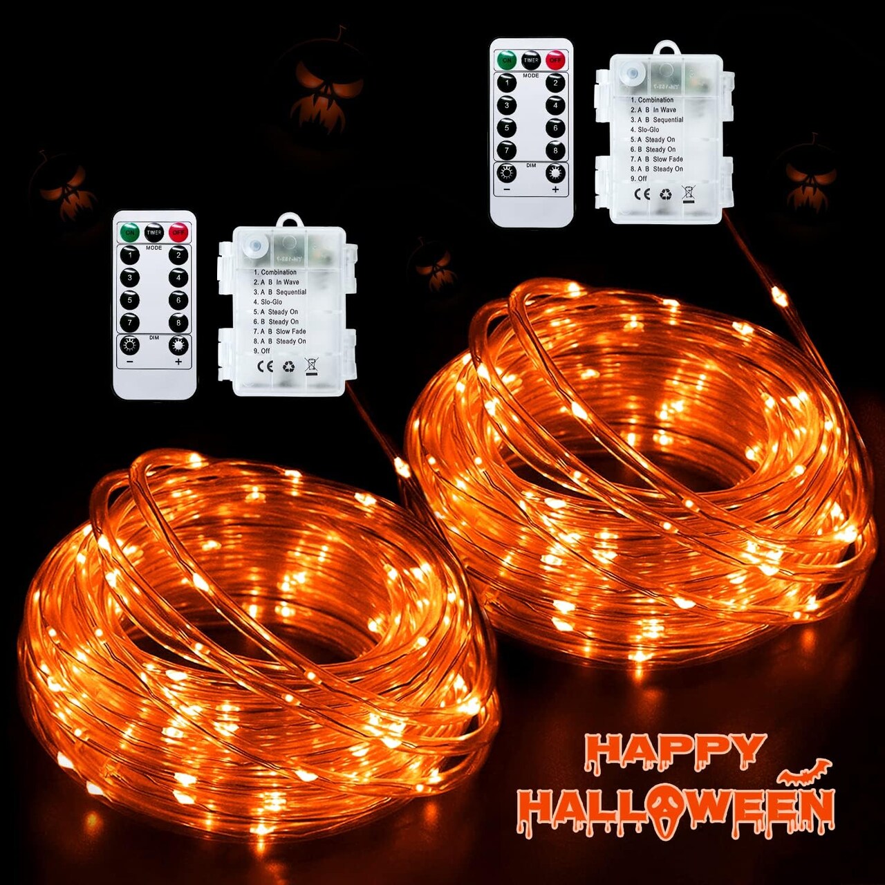 2 Pack Orange Rope Lights – Battery Operated, Waterproof, 33ft Each, 100 LED, Remote Controlled for Halloween Outdoor Decor (Orange)